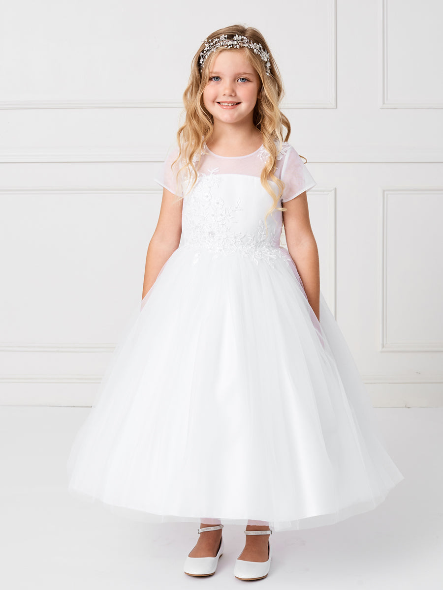 Tea Length First Communion Dress With Illusion Neckline