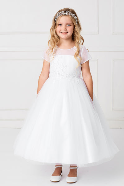 Tea Length First Communion Dress With Illusion Neckline