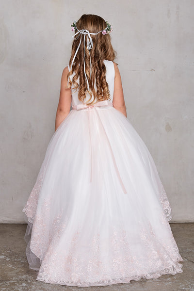 Flower Girl Dress With Embroidered Bodice And Train Skirt