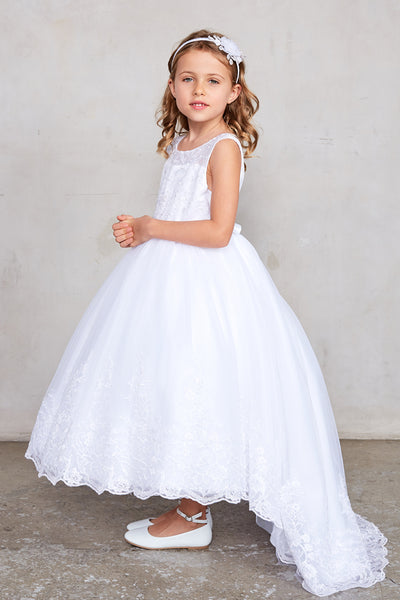 Flower Girl Dress With Embroidered Bodice And Train Skirt