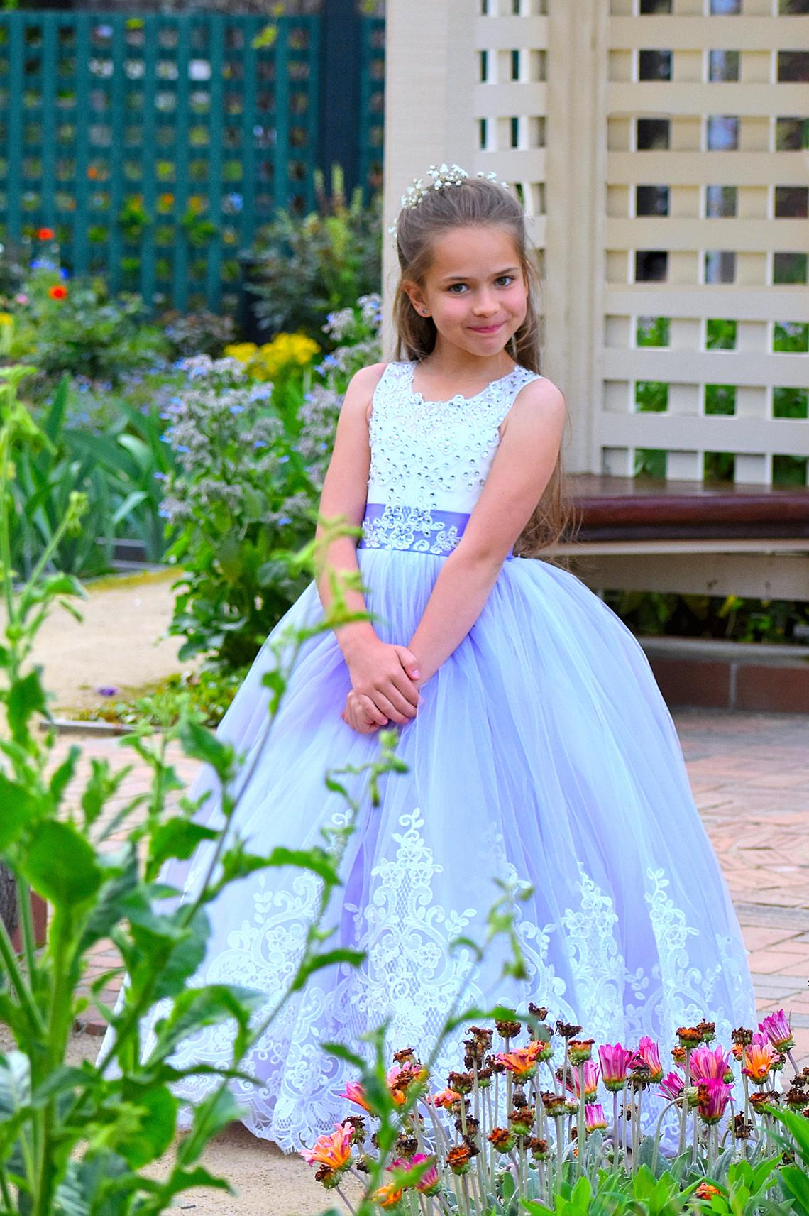 Wedding Party Flower Girl Purple Satin Tulle Communion Pageant Gown