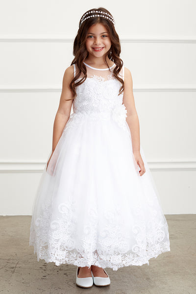 Girls Communion Flower Girl Tea Length Dress With Floral Lace Bodice