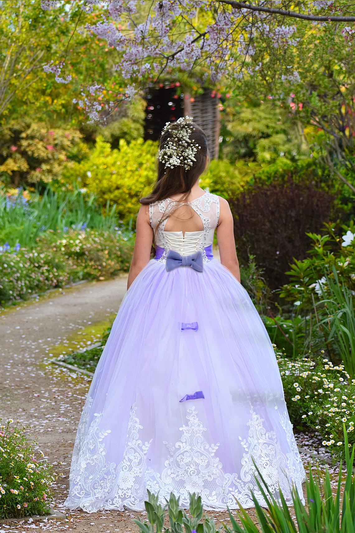 Wedding Party Flower Girl Purple Satin Tulle Communion Pageant Gown