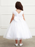 Girls Tea Length Communion Dress With Satin Bodice And Tulle Skirt