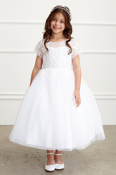 Adorable Flower Girl Communion Tea Length Dress With Floral Lace Bodice