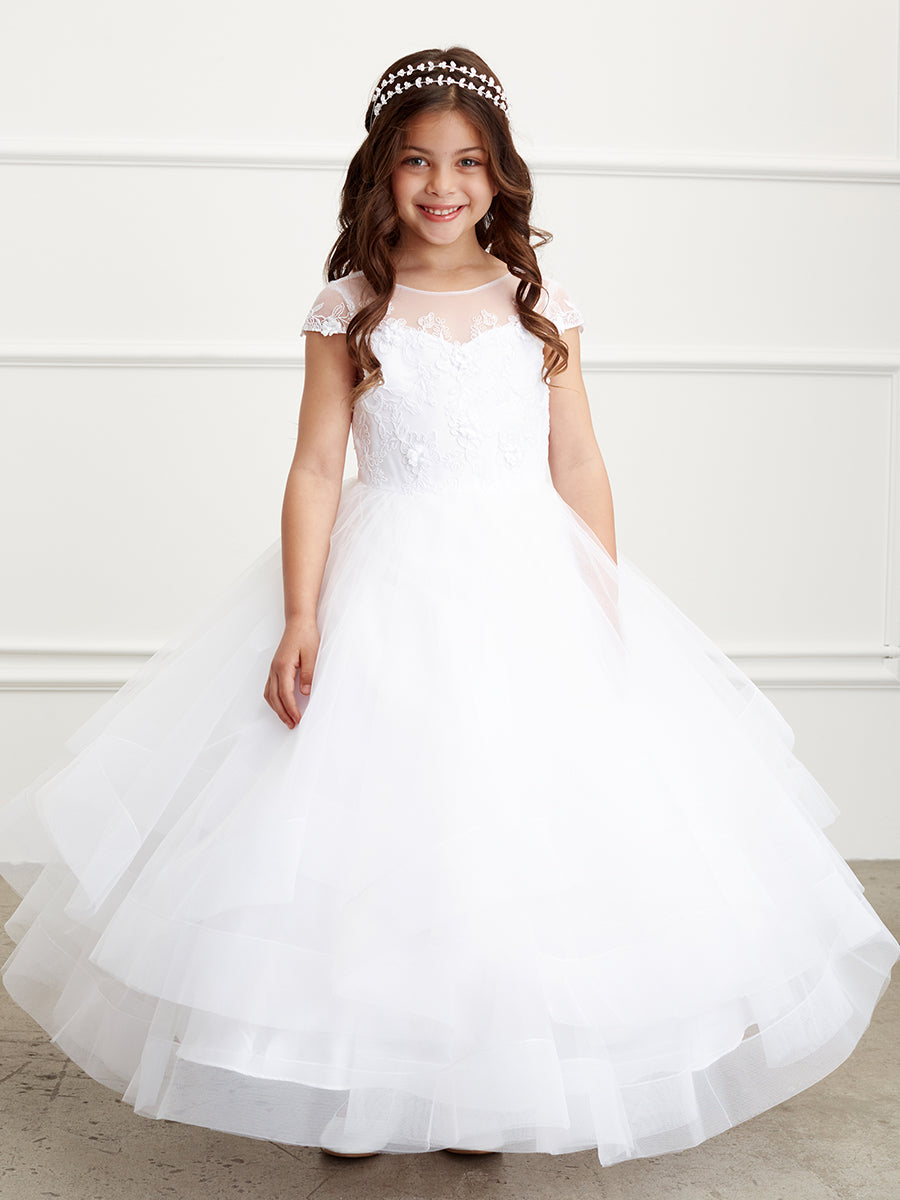 First Communion Floor Length Dress With Illusion Lace Bodice And Cap Sleeves