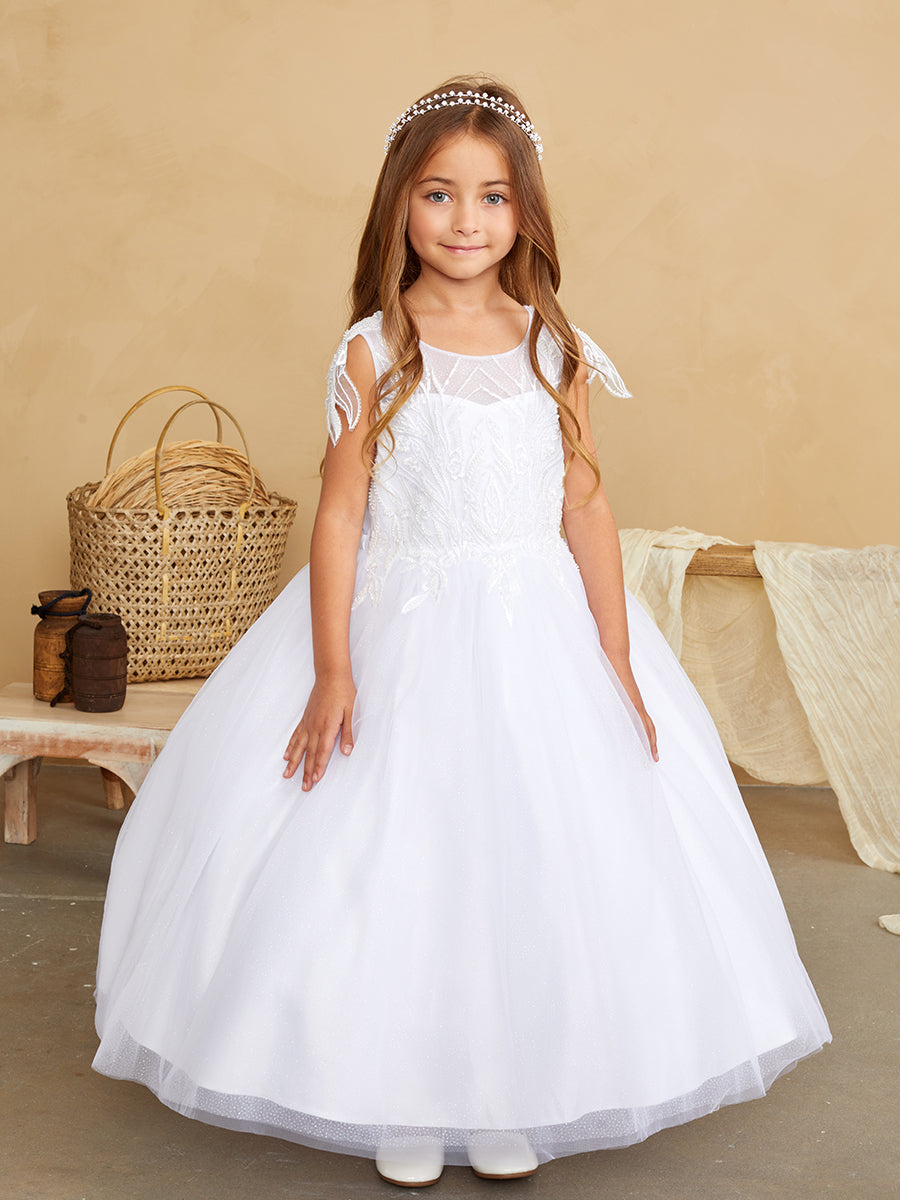 Girls Beautiful Beaded Lace Applique Tulle Communion Flower Girl Dress