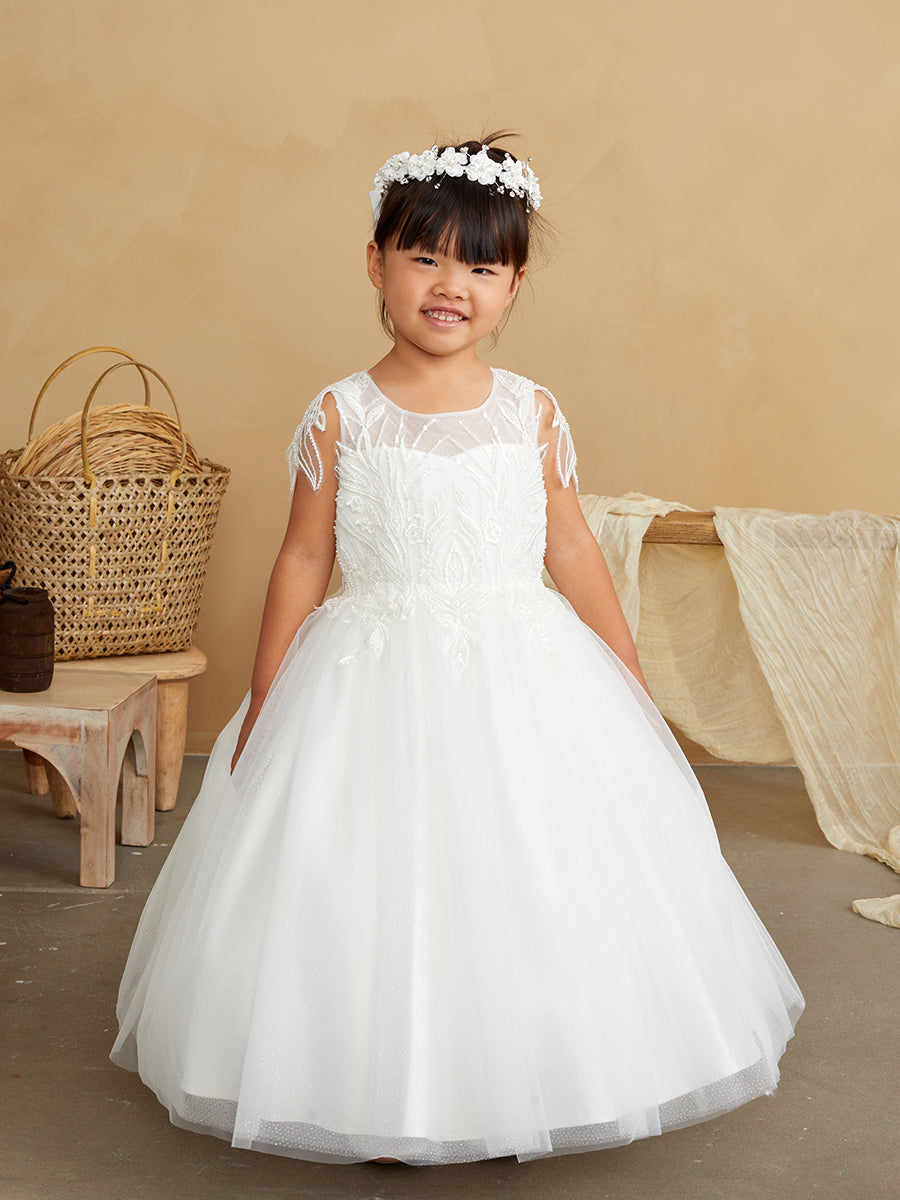 Girls Beautiful Beaded Lace Applique Tulle Communion Flower Girl Dress