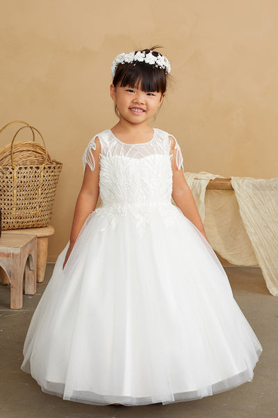 Girls Beautiful Beaded Lace Applique Tulle Communion Flower Girl Dress