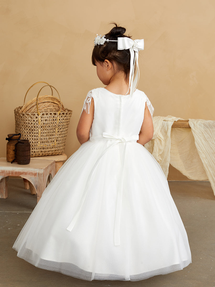 Girls Beautiful Beaded Lace Applique Tulle Communion Flower Girl Dress