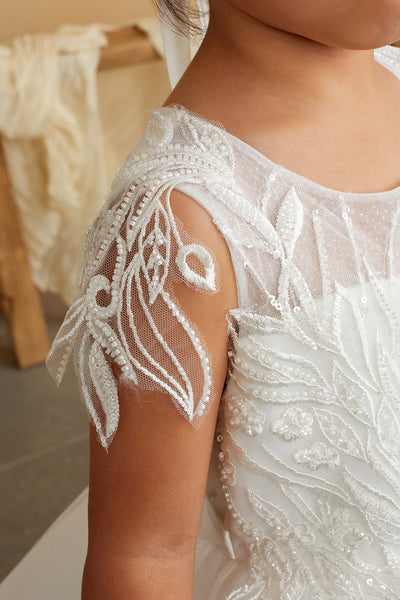 Girls Beautiful Beaded Lace Applique Tulle Communion Flower Girl Dress