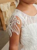 Girls Beautiful Beaded Lace Applique Tulle Communion Flower Girl Dress