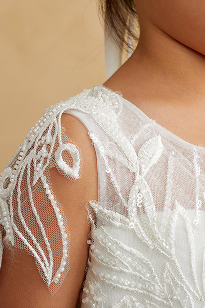 Girls Beautiful Beaded Lace Applique Tulle Communion Flower Girl Dress