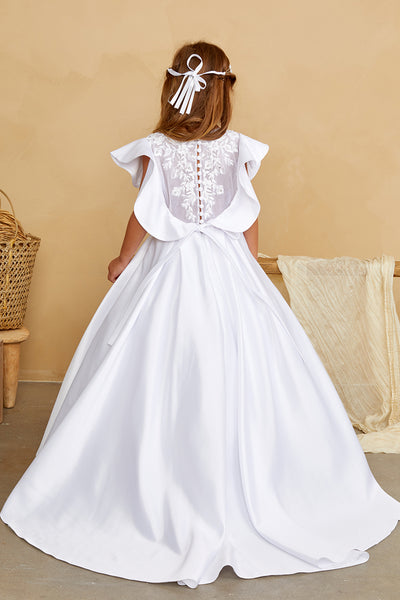 Girls Floor Length Satin Lace Communion Flower Girl Dress With Train