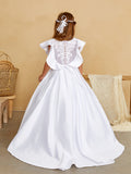 Girls Floor Length Satin Lace Communion Flower Girl Dress With Train