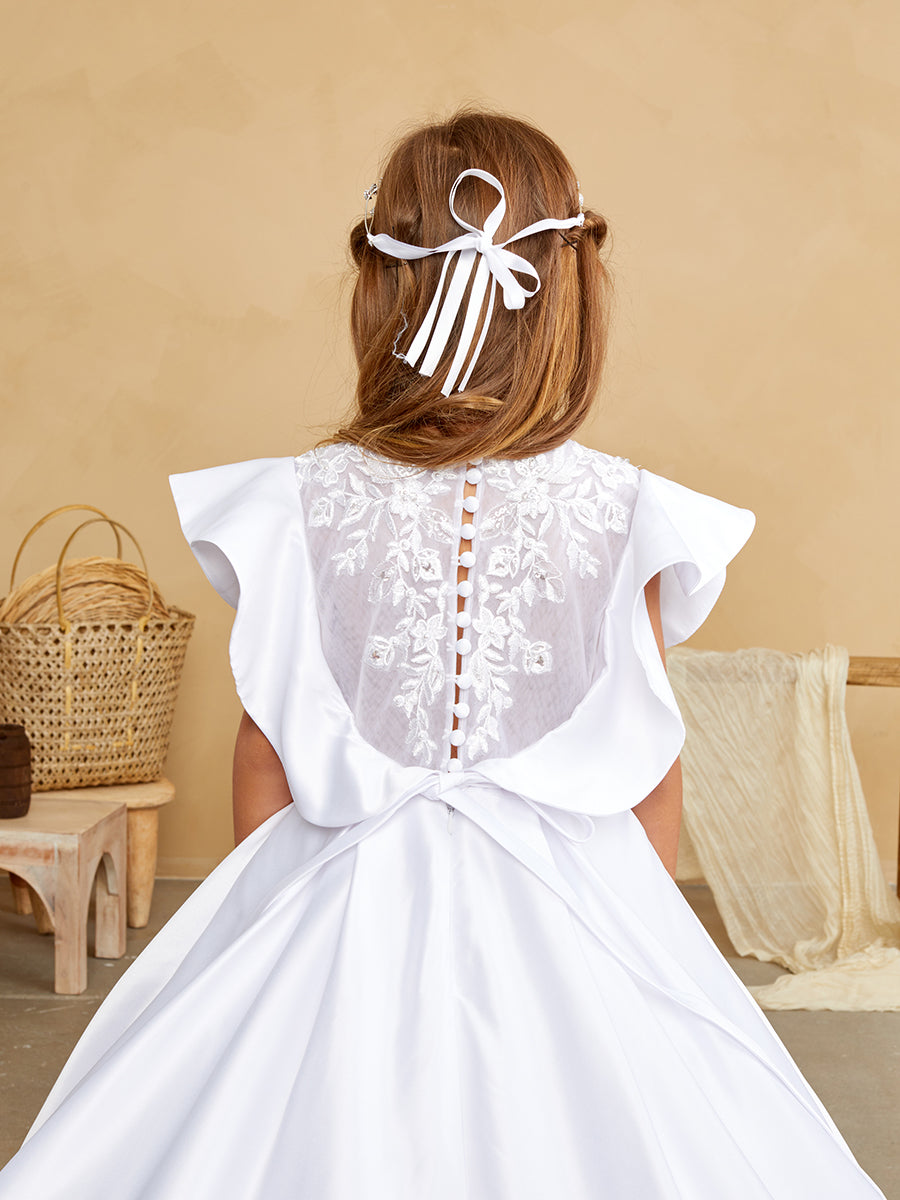 Girls Floor Length Satin Lace Communion Flower Girl Dress With Train