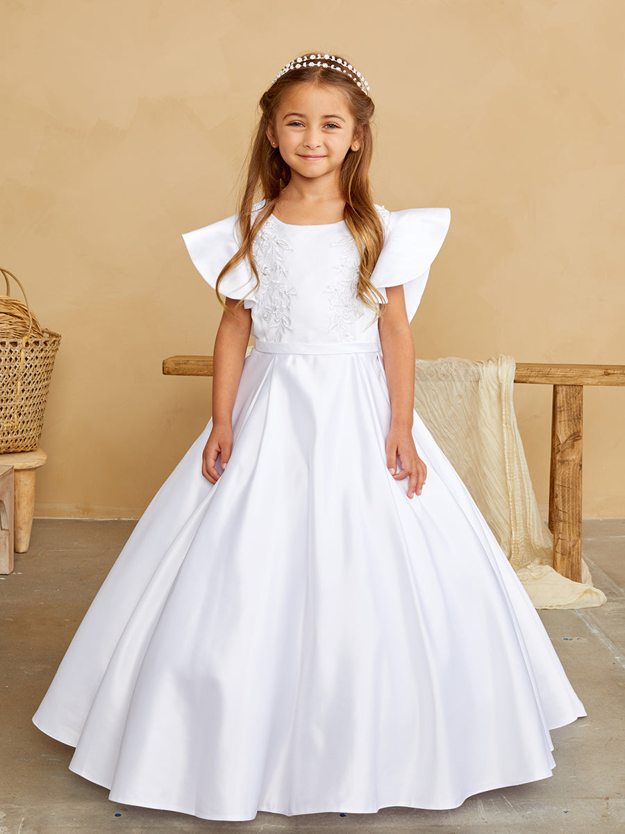 Girls Floor Length Satin Lace Communion Flower Girl Dress With Train