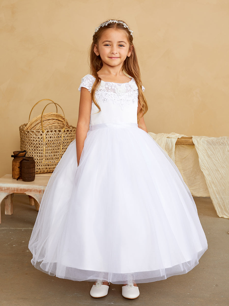 Girls Flower Girl 1st Communion Dress With Lace Illusion Neckline Mesh Skirt