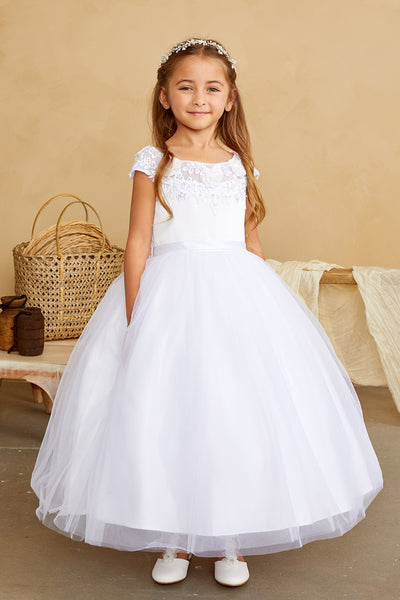 Girls Flower Girl 1st Communion Dress With Lace Illusion Neckline Mesh Skirt