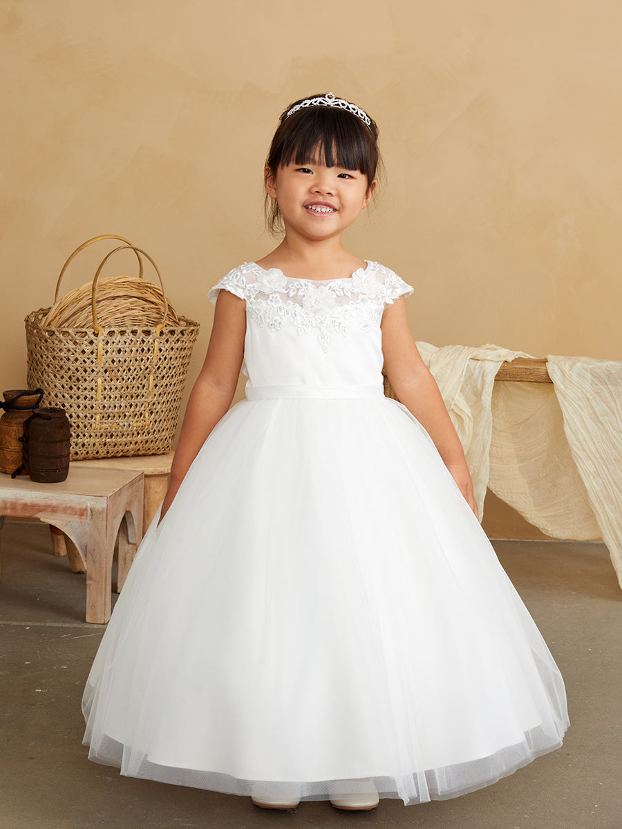 Girls Flower Girl 1st Communion Dress With Lace Illusion Neckline Mesh Skirt