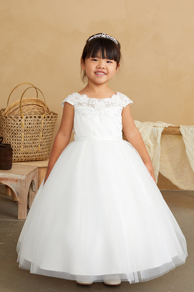 Girls Flower Girl 1st Communion Dress With Lace Illusion Neckline Mesh Skirt