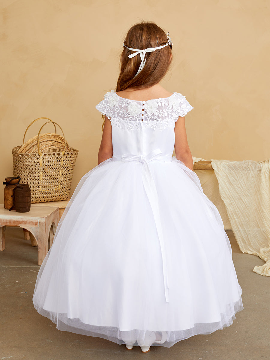 Girls Flower Girl 1st Communion Dress With Lace Illusion Neckline Mesh Skirt