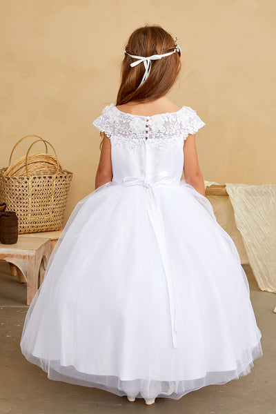 Girls Flower Girl 1st Communion Dress With Lace Illusion Neckline Mesh Skirt