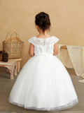 Girls Flower Girl 1st Communion Dress With Lace Illusion Neckline Mesh Skirt