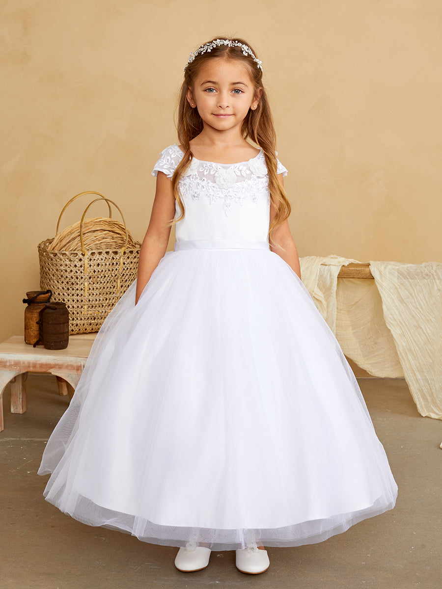 Girls Flower Girl 1st Communion Dress With Lace Illusion Neckline Mesh Skirt