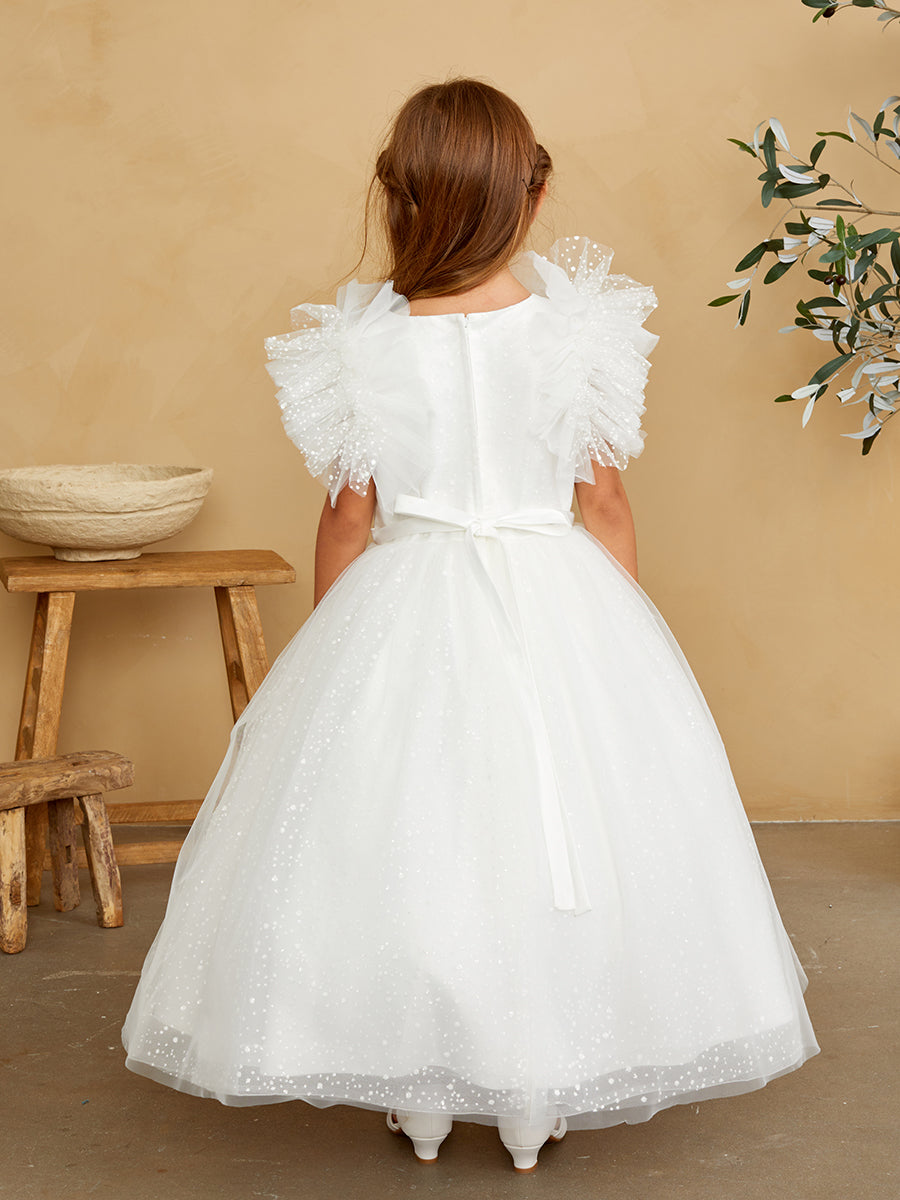 Flower Girl Communion Glitter Polka Dot Beaded Illusion Neckline Dress
