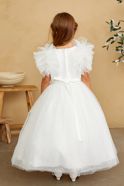Flower Girl Communion Glitter Polka Dot Beaded Illusion Neckline Dress