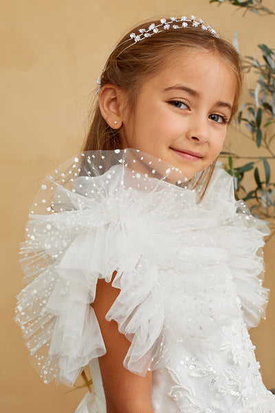 Flower Girl Communion Glitter Polka Dot Beaded Illusion Neckline Dress