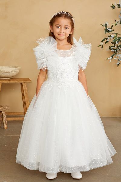 Flower Girl Communion Glitter Polka Dot Beaded Illusion Neckline Dress