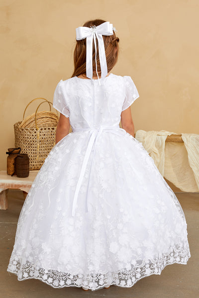 Girls Beautiful 3D Floral Beaded Pearl Lace Communion Flower Girl Dress
