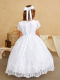 Girls Beautiful 3D Floral Beaded Pearl Lace Communion Flower Girl Dress