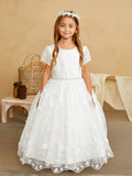 Girls Beautiful 3D Floral Beaded Pearl Lace Communion Flower Girl Dress