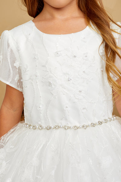 Girls Beautiful 3D Floral Beaded Pearl Lace Communion Flower Girl Dress
