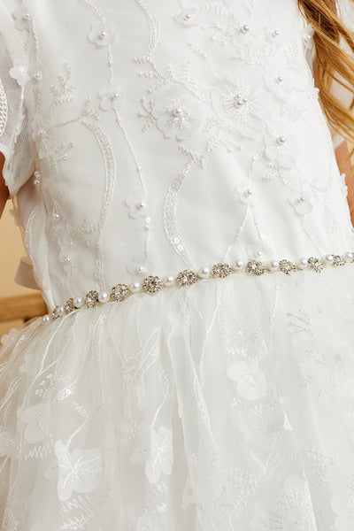 Girls Beautiful 3D Floral Beaded Pearl Lace Communion Flower Girl Dress