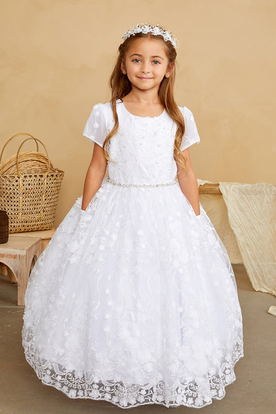 Girls Beautiful 3D Floral Beaded Pearl Lace Communion Flower Girl Dress