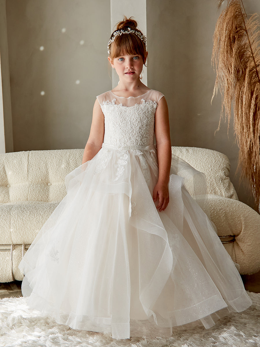 Girls Beautiful Lace illusion Tulle Flower Girl Wedding Party Communion Dress