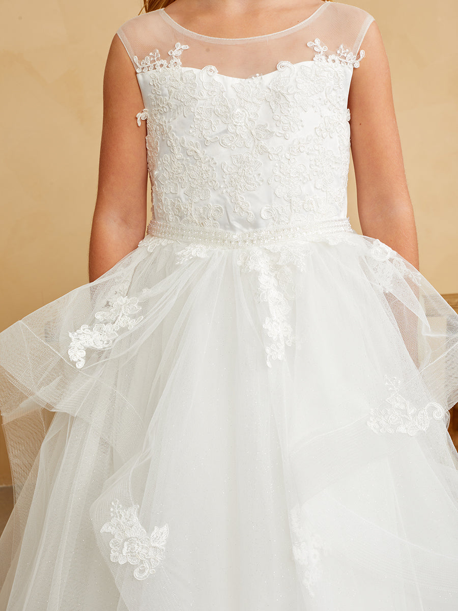 Girls Beautiful Lace illusion Tulle Flower Girl Wedding Party Communion Dress