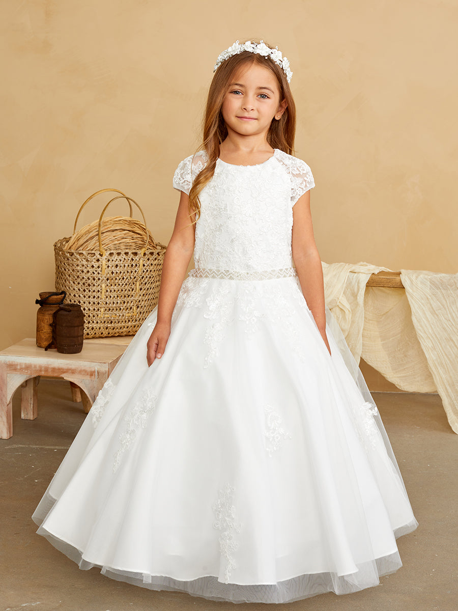 Girls Flower Girl 1st Communion Lace Dress With Cap Sleeves And Tulle Skirt