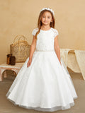 Girls Flower Girl 1st Communion Lace Dress With Cap Sleeves And Tulle Skirt