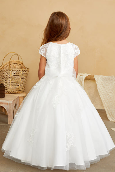 Girls Flower Girl 1st Communion Lace Dress With Cap Sleeves And Tulle Skirt