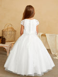 Girls Flower Girl 1st Communion Lace Dress With Cap Sleeves And Tulle Skirt