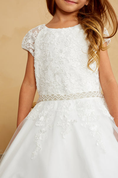 Girls Flower Girl 1st Communion Lace Dress With Cap Sleeves And Tulle Skirt