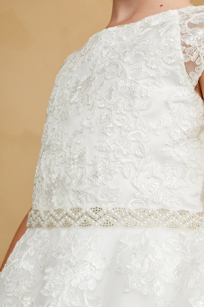 Girls Flower Girl 1st Communion Lace Dress With Cap Sleeves And Tulle Skirt