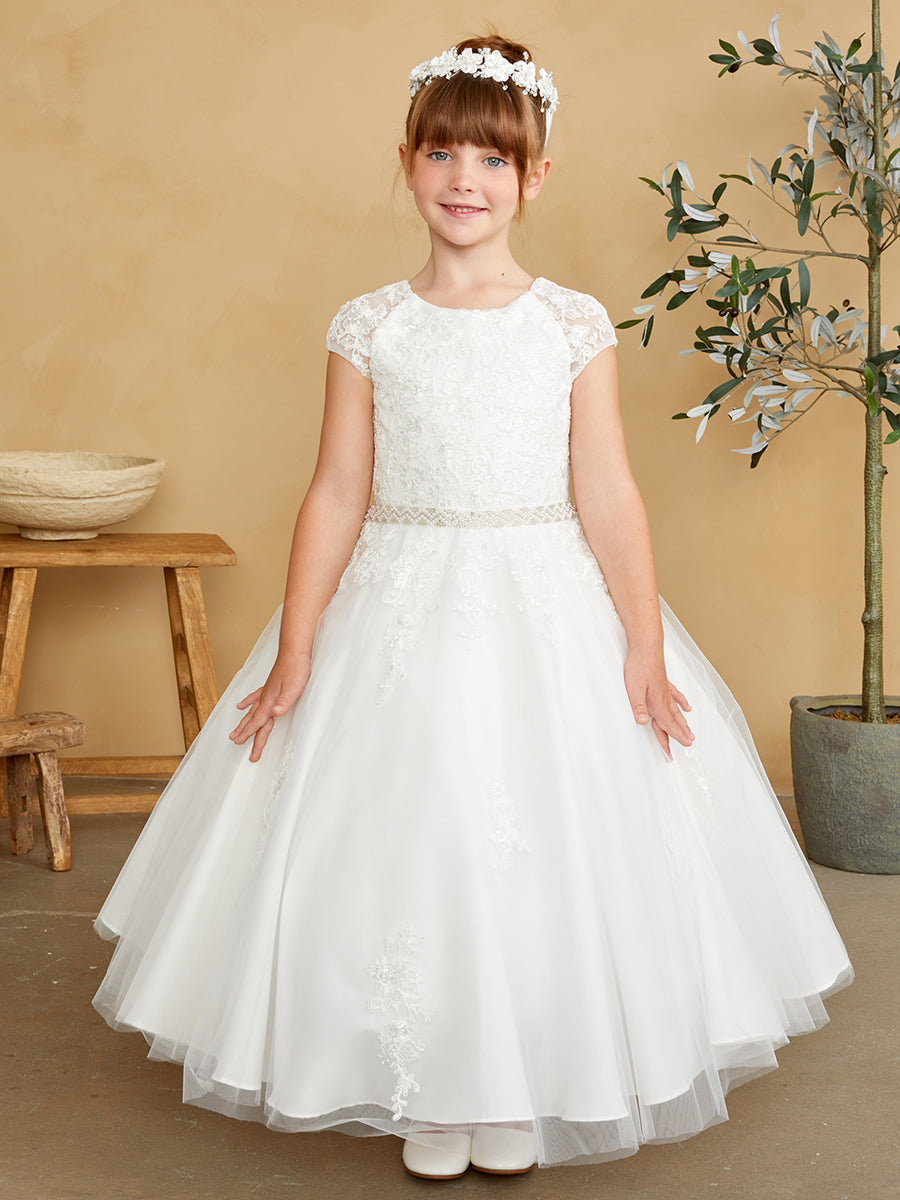 Girls Flower Girl 1st Communion Lace Dress With Cap Sleeves And Tulle Skirt