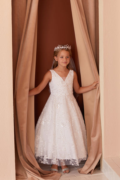 Lainey Communion Dress – Sparkling Sequins & Floral Embroidery