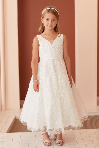 Lainey Communion Dress – Sparkling Sequins & Floral Embroidery